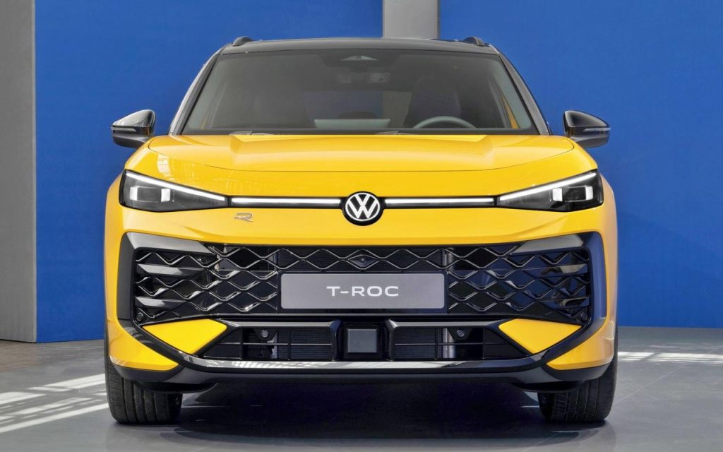 Frontal del nuevo TROC amarillo de Volkswagen, un SUV moderno ideal para la importación en Andorra y disponible para importar un T-Roc a través del marketplace especializado Importwagen.