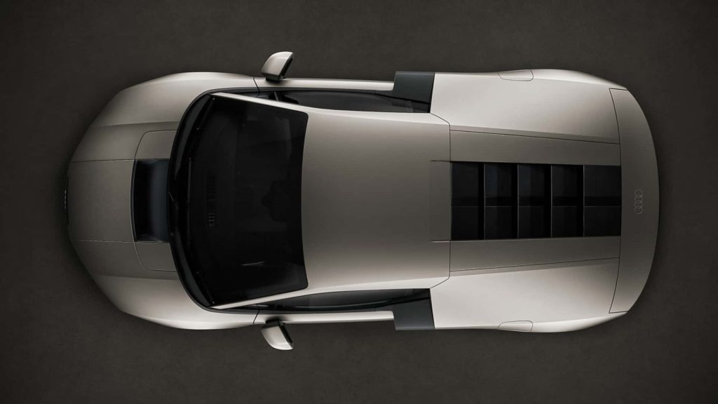 Vista aérea completa y cenital del nuevo Audi Nuvolari gris, un superdeportivo exclusivo idóneo para la importación de coches en Andorra con Importwagen.