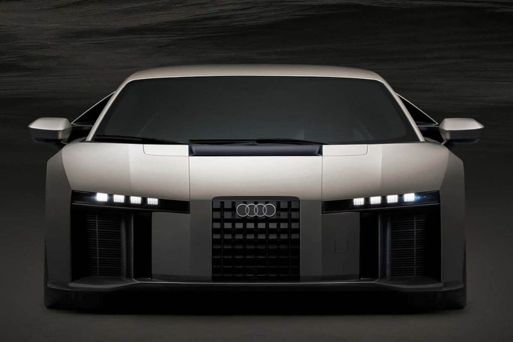 Plano frontal centrado y simétrico del nuevo superdeportivo Audi Nuvolari gris.