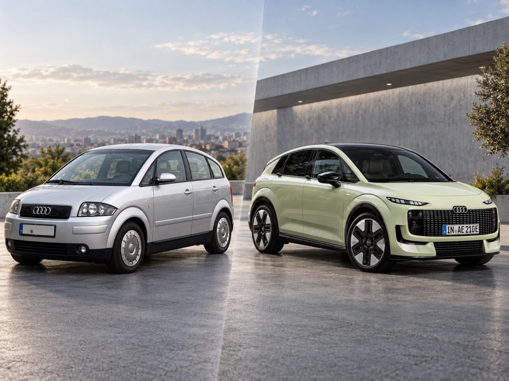 Comparativa visual entre el clásico Audi A2 original plateado y el nuevo Audi A2 e-tron eléctrico para Importwagen en Andorra.